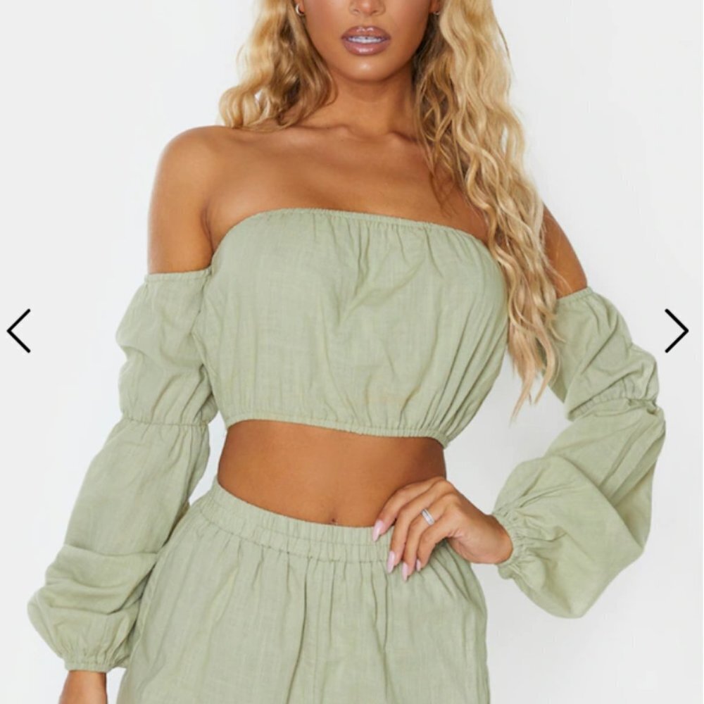 Green Linen Look Bardot Puff Sleeve Beach Top SZ 10 USA UK 14